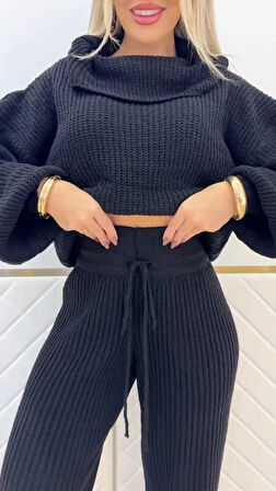 Kadın Uzun Kollu Balıkçı Yaka Kısa Triko Bluz Ve Pantolon Ikili Takım