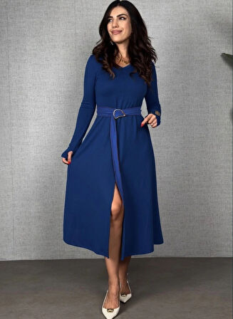 Kadın Uzun Kollu Yakalı Belden Deri Detaylı Kuşaklı Yırtmaçlı Midi Viskon Iki Iplik Elbise