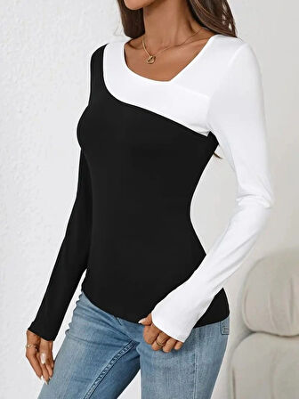 Kadın Uzun Kollu Geometrik Yaka Detaylı çift Renkli Viskon Bluz