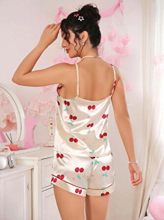 Kadın Ekru Kiraz Desenli Saten Şort Pijama Takımı 2226