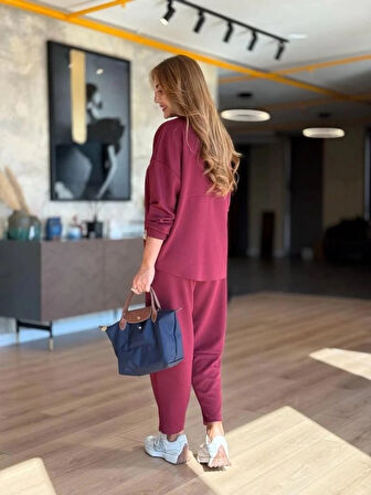 Kadın Uzun Kollu Bisiklet Yaka Viskon Iki Iplik Bluz Ve Pantolon Ikili Takım