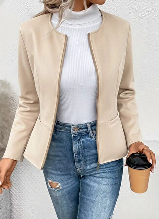Kadın Uzun Kollu Yuvarlak Yaka önden Fermuarlı Süet Ceket
