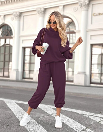 Kadın Uzun Kollu Kapşonlu Viskon Iki Iplik Bluz Ve Pantolon Ikili Takım