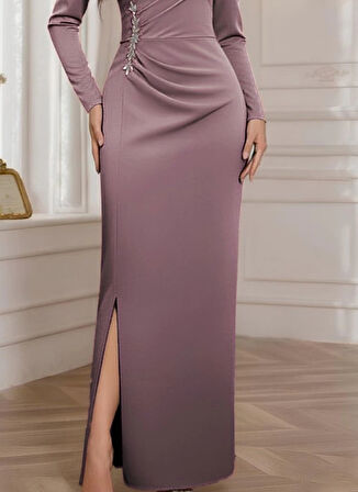 Kadın Uzun Kollu Kruvaze Yakalı Yanları Taşlı Yırtmaçlı Uzun Ithal Krep Elbise