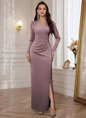 Kadın Uzun Kollu Kruvaze Yakalı Yanları Taşlı Yırtmaçlı Uzun Ithal Krep Elbise