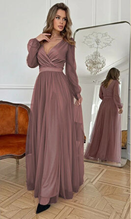 Kadın Uzun Kollu Kruvaze Yakalı Belden Kuşaklı Tüllü Uzun Ithal Krep Elbise