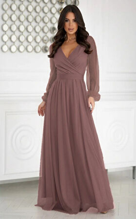 Kadın Uzun Kollu Kruvaze Yakalı Belden Kuşaklı Tüllü Uzun Ithal Krep Elbise