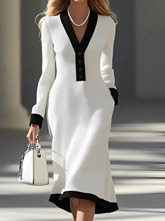 Kadın Uzun Kollu V Yakalı Düğmeli Midi Modal Elbise