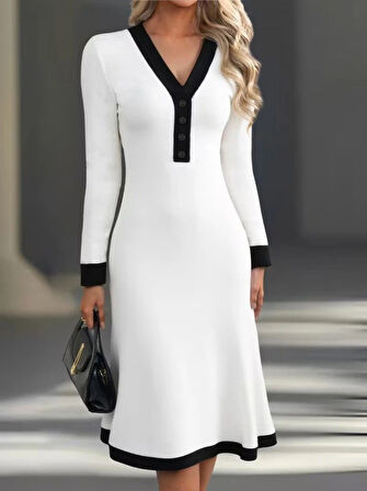 Kadın Uzun Kollu V Yakalı Düğmeli Midi Modal Elbise
