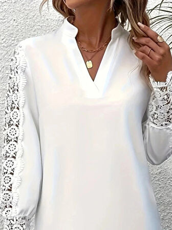 Kadın Uzun Kollu Hakim Yaka Kolları Dantel Detaylı Ithal Krep Bluz