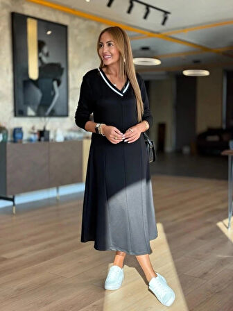 Kadın Uzun Kollu V Yakalı Midi Modal Elbise