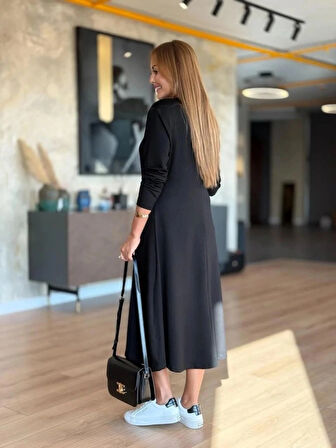 Kadın Uzun Kollu V Yakalı Midi Modal Elbise