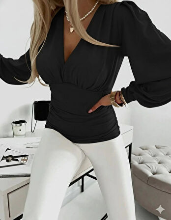 Kadın Uzun Kollu Derin V Yakalı önden Büzgülü Sandy Bluz