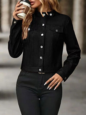 Kadın Uzun Kollu önden Düğmeli Kısa Süet Ceket