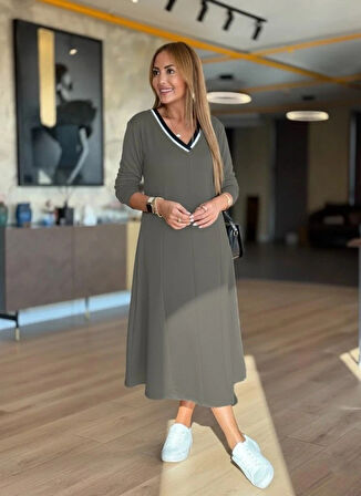 Kadın Uzun Kollu V Yakalı Midi çağla Yeşili Modal Elbise