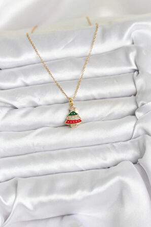 316L Çelik Zincir Gold Ren Çam Ağacı Model Zirkon Taşlı Yılbaşı Temalı Kadın Kolye