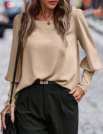 Kadın Uzun Kollu Yuvarlak Yakalı Düğmeli Ithal Krep Bluz