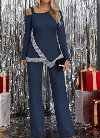 Kadın Tek Omuzdan Açık Uzun Kollu önü Pulpayet Ithal Krep Bluz Ve Pantolon