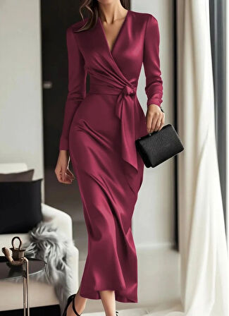 Kadın Uzun Kollu Kruvaze Yakalı Beli Kuşaklı Uzun Saten Elbise