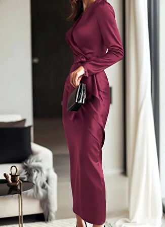 Kadın Uzun Kollu Kruvaze Yakalı Beli Kuşaklı Uzun Saten Elbise