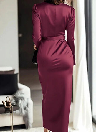 Kadın Uzun Kollu Kruvaze Yakalı Beli Kuşaklı Uzun Saten Elbise