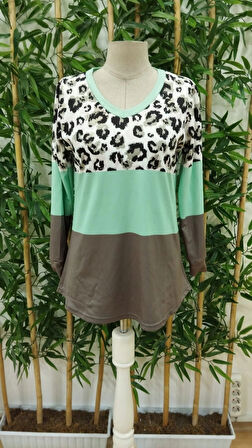 Kadın Uzun Kollu V Yakalı Leopar Baskılı şardonlu Dalgıç Bluz