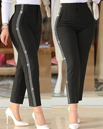 Kadın Yüksek Bel Yanlardan Taş Detaylı Ithal Krep Pantolon