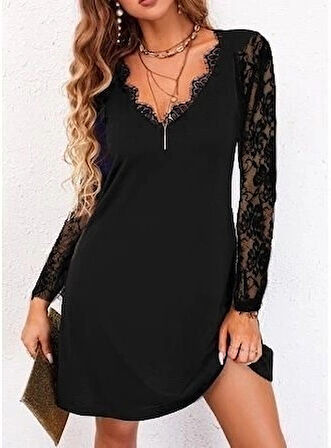 Kadın Uzun Kollu Yaka Ve Kol Dantel Detay Sandy Mini Boy Elbise