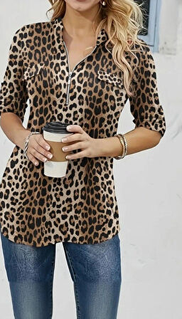 Kadın Uzun Kollu Hakim Yaka Yakadan Fermuarlı Geometrik Desenli Süprem Bluz