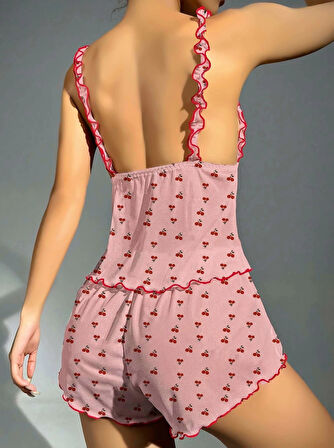 Kadın Pembe Kiraz Desenli Fırfırlı Şortlu Gecelik Takım 5102