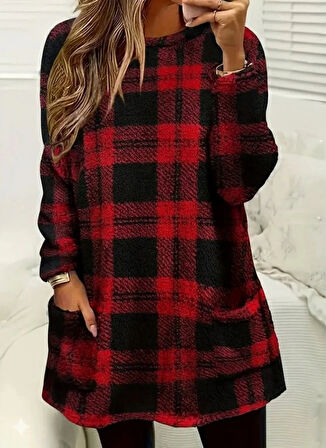 Kadın Uzun Kollu Yarı Balıkçı Yakalı Cep Detaylı Ekoseli Dokuma Tunik