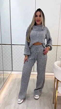 Kadın Uzun Kollu Balıkçı Yaka Kısa Triko Bluz Ve Pantolon Ikili Takım