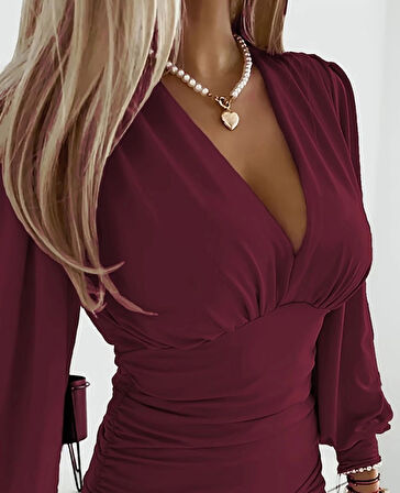 Kadın Uzun Kollu Derin V Yakalı önden Büzgülü Sandy Bluz