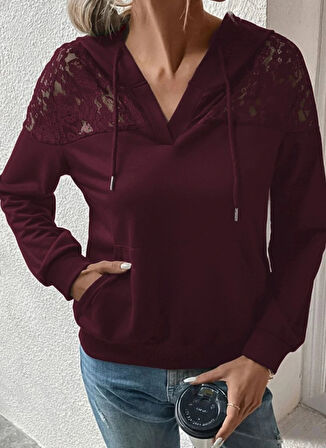 Kadın Uzun Kollu Kapşonlu Bağcıklı Dantelli Viskon Iki Iplik Bluz