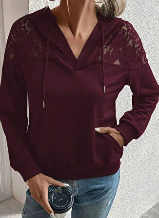 Kadın Uzun Kollu Kapşonlu Bağcıklı Dantelli Viskon Iki Iplik Bluz