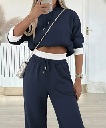 Kadın Uzun Kollu Kapşonlu Viskon Iki Iplik Füme Bluz Ve Pantolon Ikili Takım