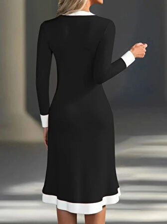 Kadın Uzun Kollu V Yakalı Düğmeli Midi Modal Elbise