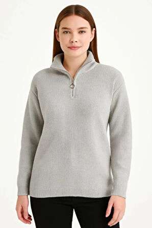 KADIN Yarım Fermuarlı Triko Kazak – Selanik Örgü, Dik Yaka, Pamuklu Dokuma, Regular Fit Uzun Kollu Kışlık Model - Gri