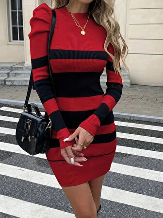 Kadın Uzun Kollu Yuvarlak Yaka Balon Omuz Kol Detaylı çok Renkli Mini Elbise