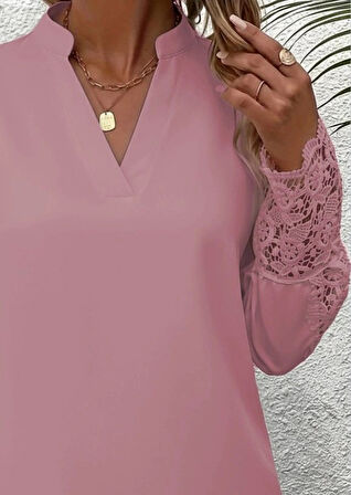 Kadın Uzun Kollu Hakim Yaka Kolları Dantel Detaylı Ithal Krep Bluz