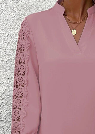 Kadın Uzun Kollu Hakim Yaka Kolları Dantel Detaylı Ithal Krep Bluz