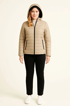 Şişme Kapüşonlu Fermuarlı Mont Su Itici Kapitone Astarlı Kumaş Cepli Kışlık Rahat Kalıp - Bej