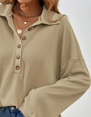 Kadın Uzun Kollu Yakalı Düğmeli Salaş Waffle Bluz