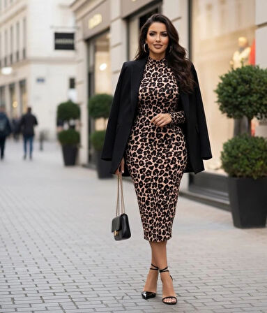 Kadın Uzun Kollu Balıkçı Yaka Leopar Desenli Midi Boy Elbise