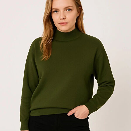 Yarım Boğaz Triko Kazak Yumuşak Dokulu Pamuklu Ince Dokuma, Uzun Kollu Rahat Regular Kalıp - Haki