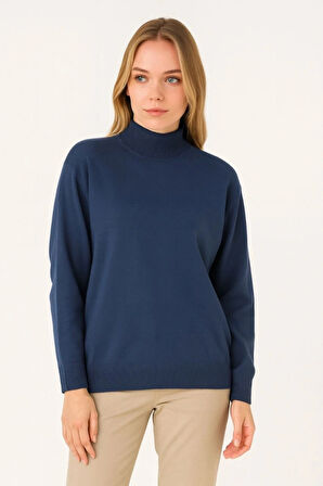 Yarım Boğaz Triko Kazak Yumuşak Dokulu Pamuklu Ince Dokuma, Uzun Kollu Rahat Regular Kalıp - İndigo