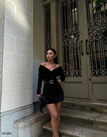 Kadın Uzun Kollu Kruvaze Yaka Omuz Dekolteli Kemer Dahil Mini Kadife Elbise