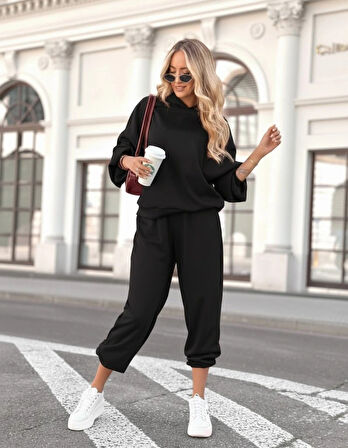 Kadın Uzun Kollu Kapşonlu Viskon Iki Iplik Bluz Ve Pantolon Ikili Takım