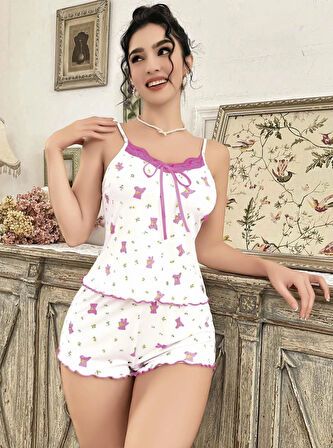 Kadın Ayıcık ve Çiçek Desenli Şortlu Gecelik Takım 5113