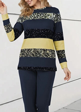 Kadın Uzun Kollu Bisiklet Yaka çizgili Desen Iki Iplik Bluz Ve Pantolon Ikili Takım